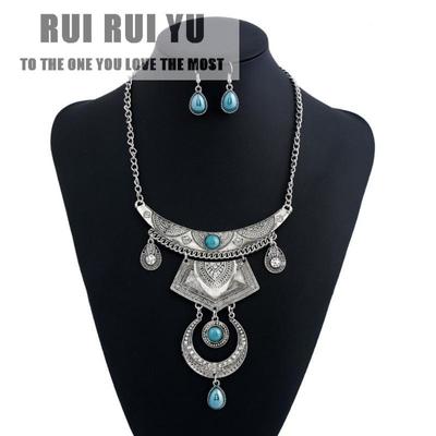 RUI RUI YU Women Retro Bohemian Jewelry Set Přívěsek z vícevrstvé slitiny s drahokamem Náhrdelník a