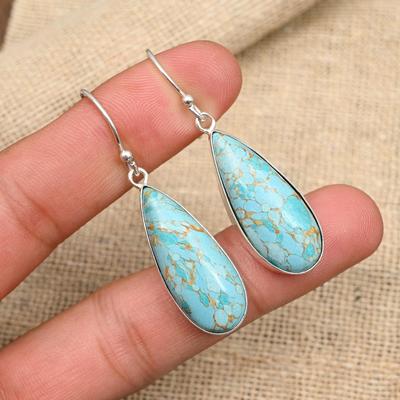 Blue Copper Turquoise Gemstone Handmade 925 Sterling Silver Earring Jewelry For Women