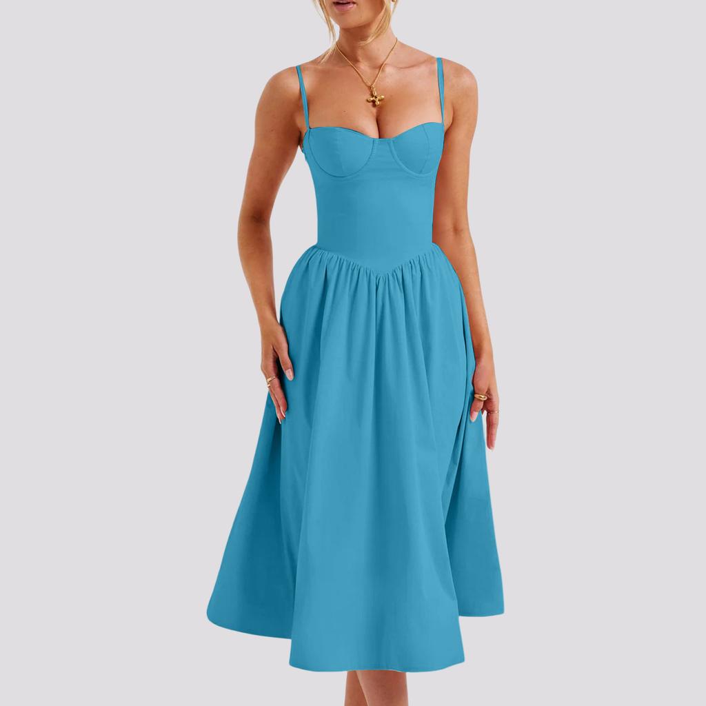 Women's Summer A-Line Midi Dress Sleeveless Spaghetti Strap Slim Fit Waist Casual Dress