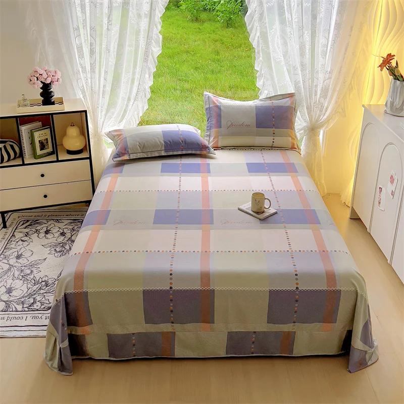 3Pcs Simple Geometric Plaid Bed Sheet Set 100% Cotton Skin-friendly Queen Size Bedding Set Thickened Flat Sheet with Pillowcases