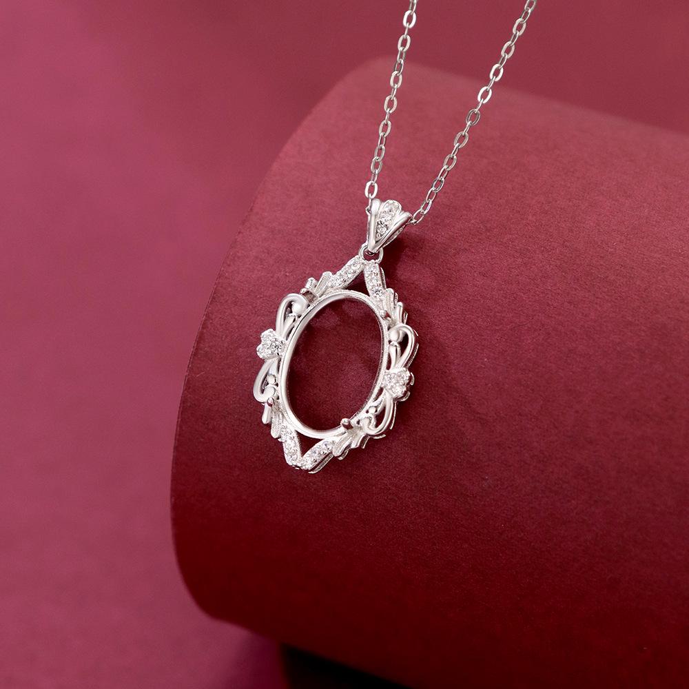 925 Sterling Silver White Gold Egg-Shaped Pendant Setting, Unset, Exquisite Fashion, Light Luxury, 10x14 mm.