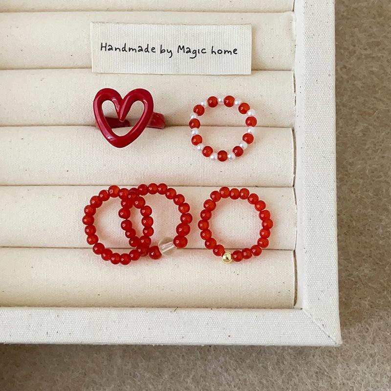 Red Dripping Oil Love Beaded Elastic Rope Ring Female Retro Personality Fashion Commuting Simple Versatile Ring Ring