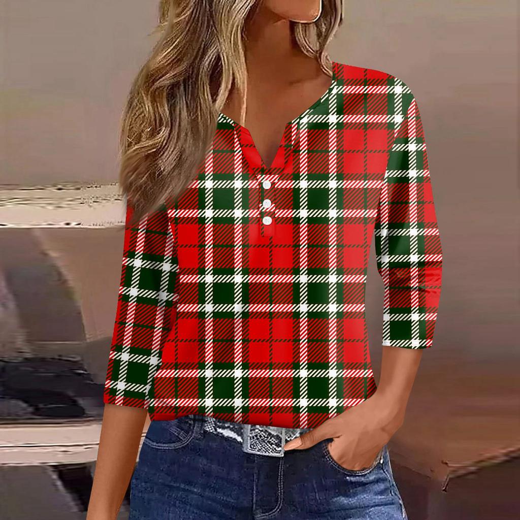 Women's T Shirt Tee Printed Button 3/4 Sleeve Tunic Daily Weekend Fashion Basic V- Neck Regular Top