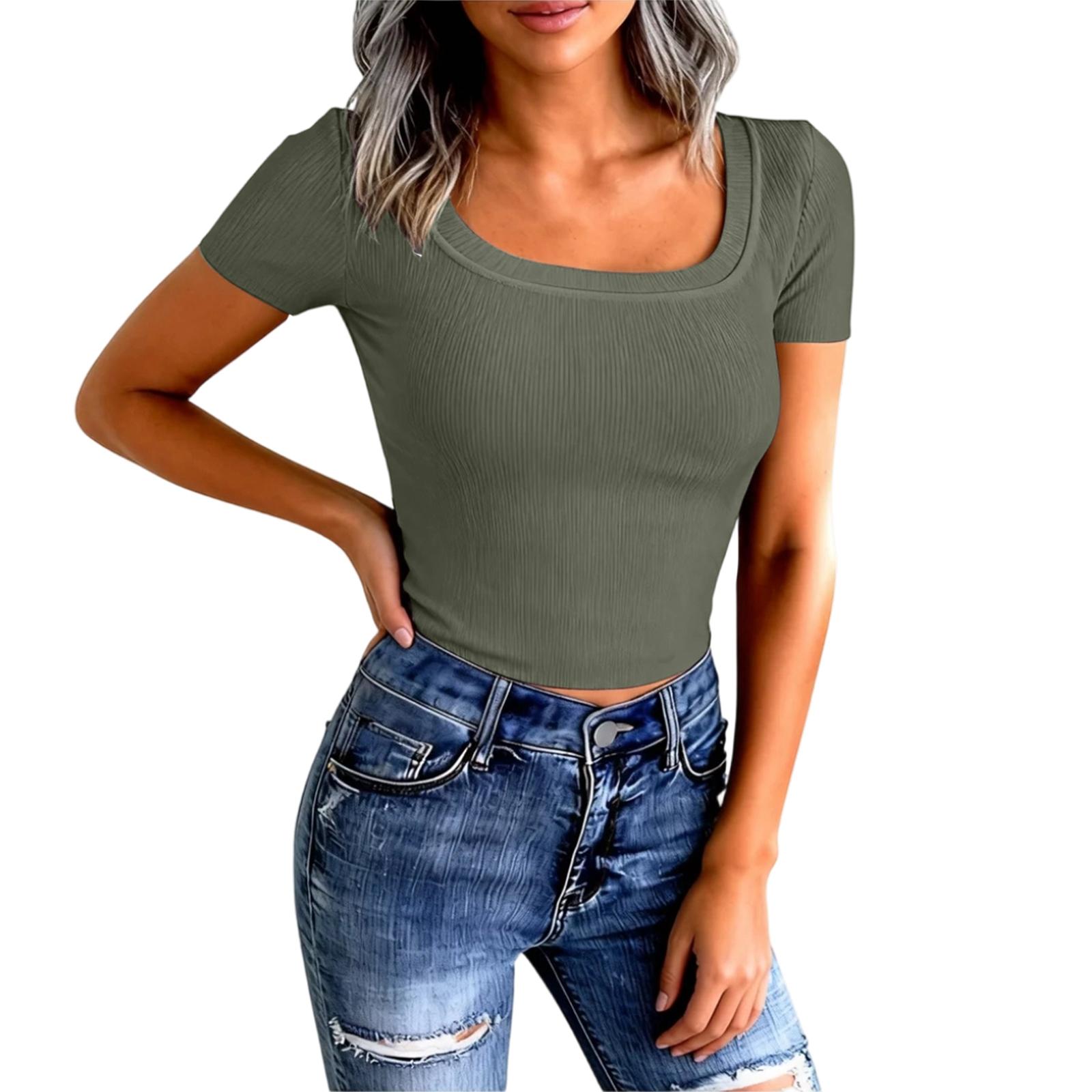 

Women s Ribbed Slim Fit Sexy U-Neck Casual T-Shirt M