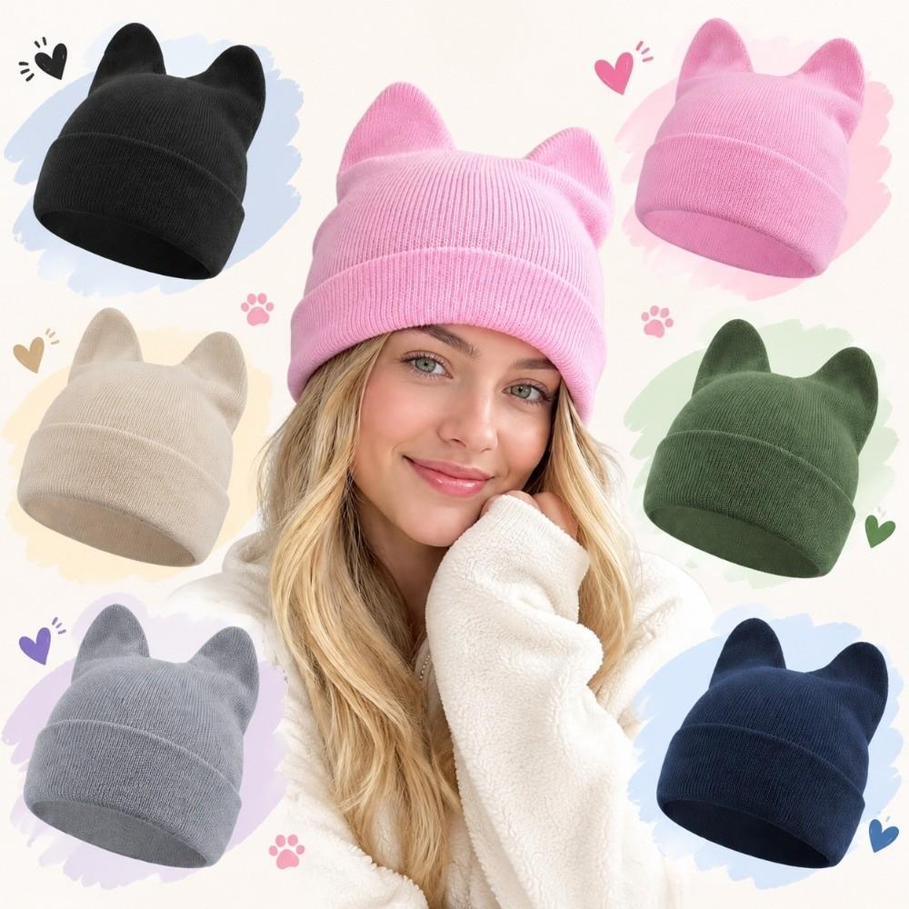 Warm Knitted Hat Cute Pullover Hat Cute Cat Ears Beanie Hats  Winter Autumn