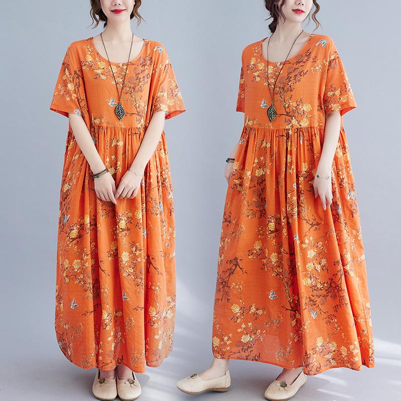 2026 Summer Artistic Plus Size Women s Loose Printed Short Sleeve Dress One Size
