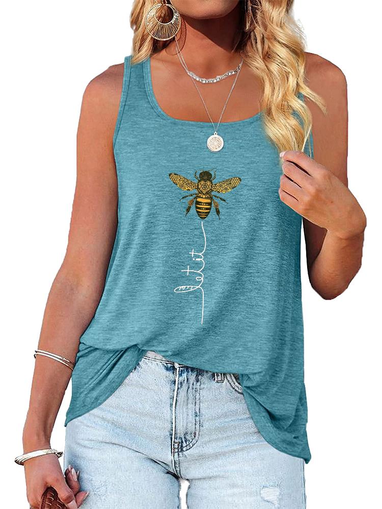 Women Fashion O Neck Print Tank Top Summer Casual Sleeveless T-shirt