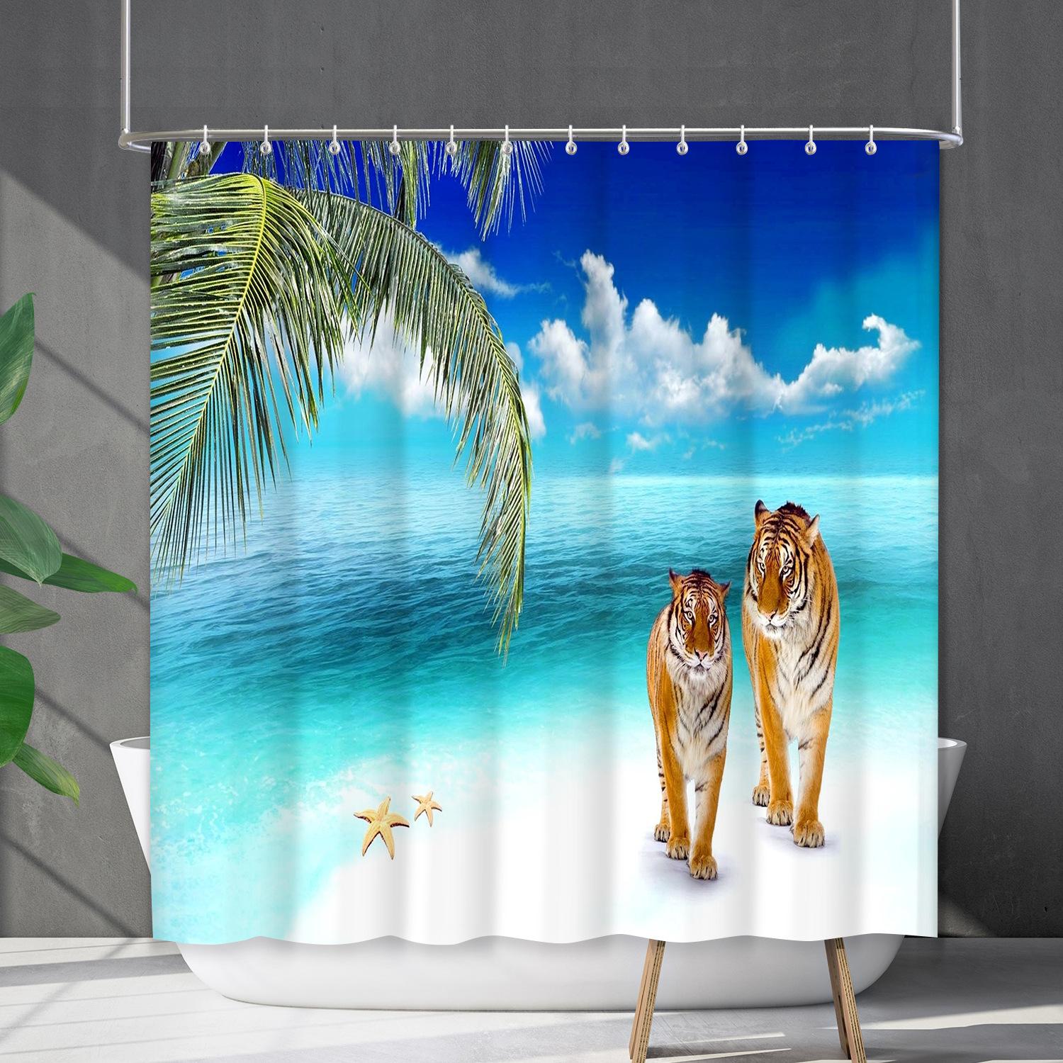 

Shower Curtain Waterproof And Mildew-Proof Coconut Tree Beach Beach Bathroom Shower Curtain Shower Curtain Partition Curtain Free Punching shower curtain 90*90
