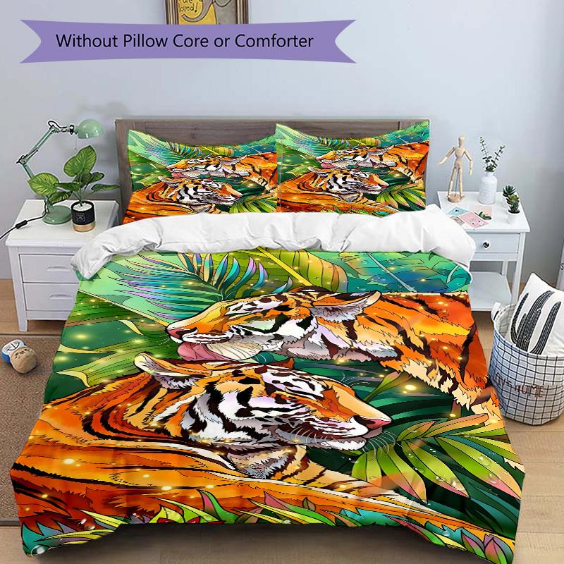 3pcs Tiger Print Duvet Cover Set - Machine Washable, Includes 1 Cover and 2 Pillowcases, No Core Included yy251013008