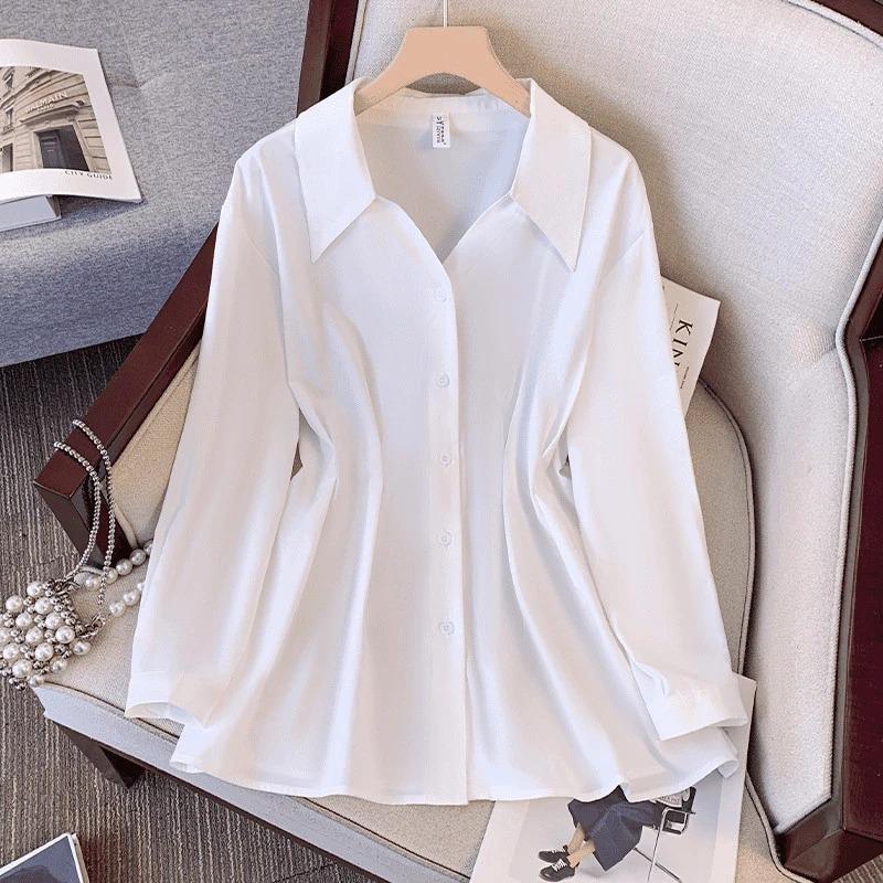 

Women V Neck Waist Cinched Long Sleeve Button Up Shirt M белый