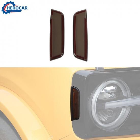 2pcs Front Side Lights Lamp Decor Cover Trim For Ford Bronco + Smoked Black