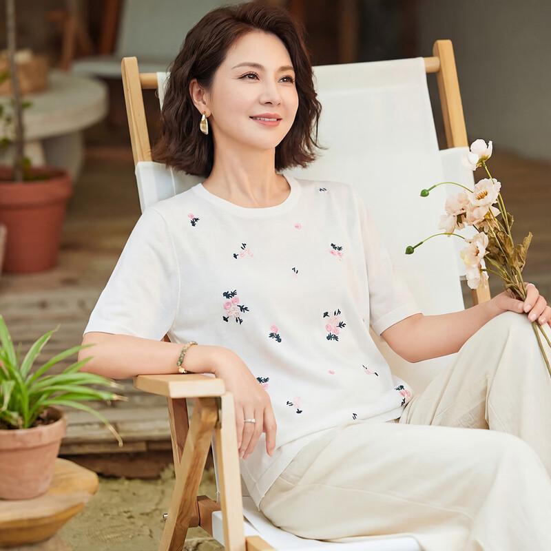 Haoyi Women s Embroidered Silk Blend T-Shirt One Size