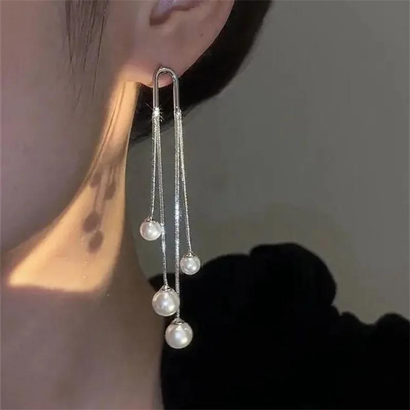Simple Long Silver Color Tassel Pearl Earrings for Women Fashionable Personalized Daily Accessories Party  Birthday Gifts
