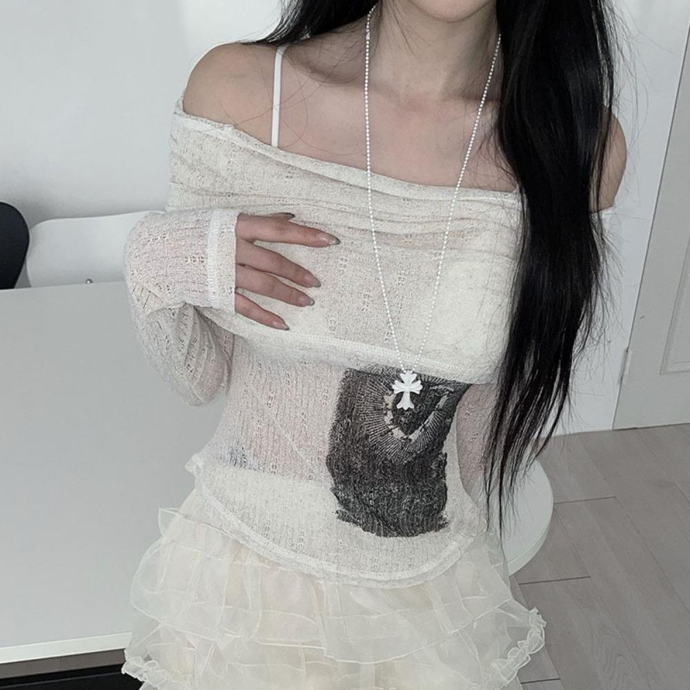 See Through Dark Printed T Shirt Casual Slash Neck Long Sleeve Tees Women Fashion Streetwear Ladies
