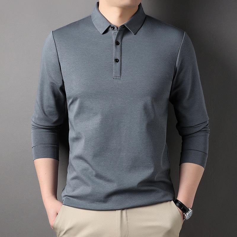 Spring Mulberry Silk T-shirt Men's Long-sleeved Polo Shirt Lapel Business Casual Paul Shirt Top Mercerized Cotton