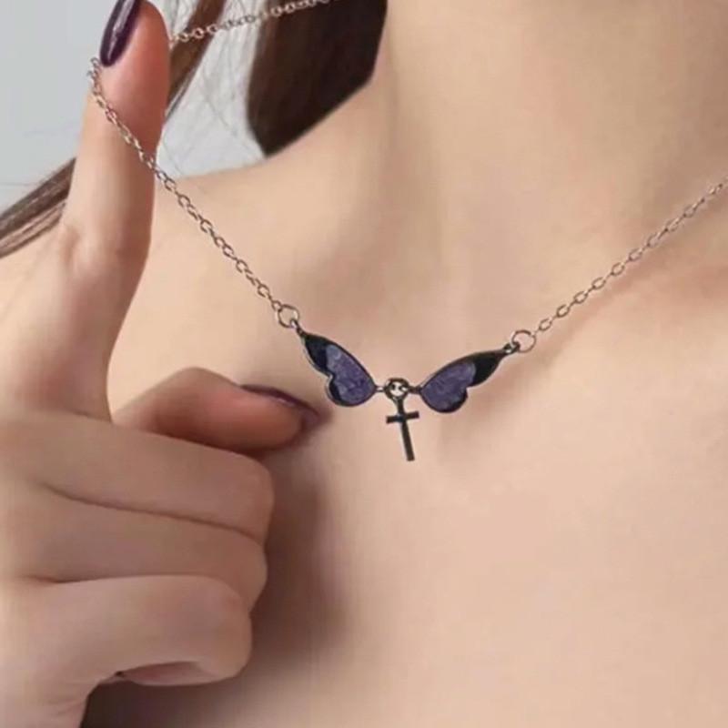 Natural Style Butterfly Drop Oil Necklace With Cross And Wing Design For Ladies