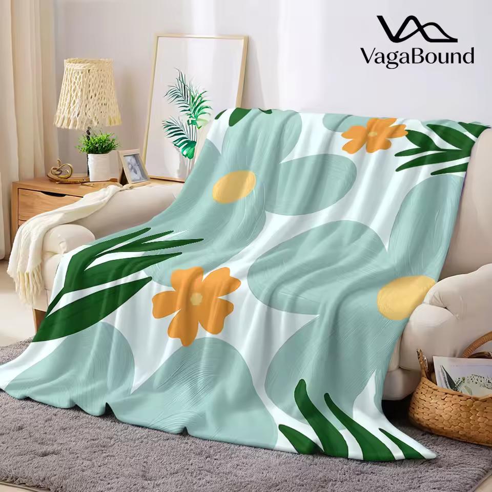Mint Orange Minimal Floral Flannel Blanket Warm Soft Halloween Christmas Decorative Couch Warm Cozy All-Season Gift