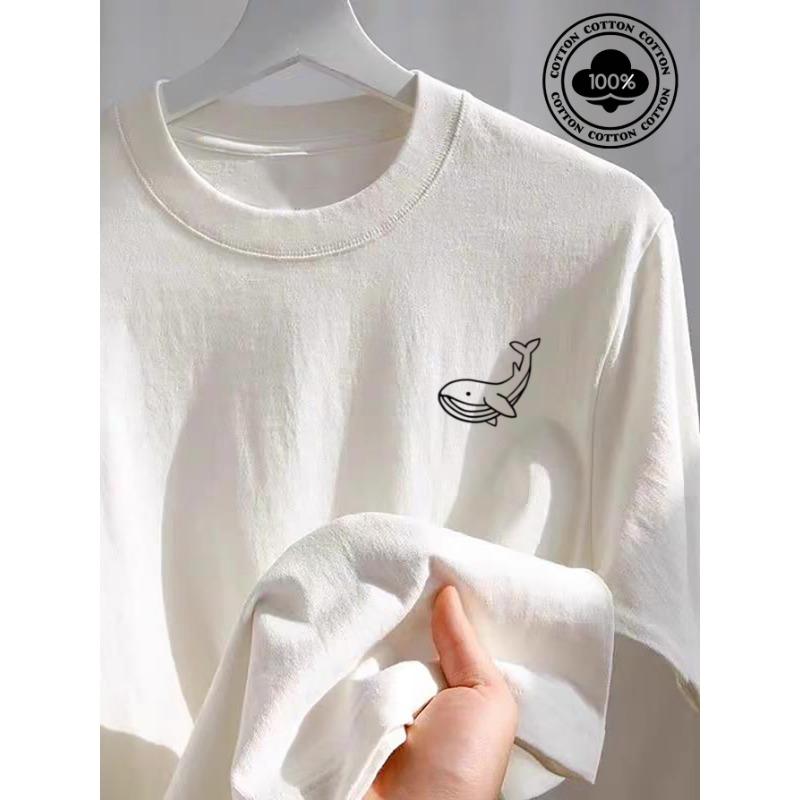Men's Summer 100 Cotton Fashionable Casual Sports Loose Large Whale Pattern Printed Round Neck Short Sleeve T-shirt Top