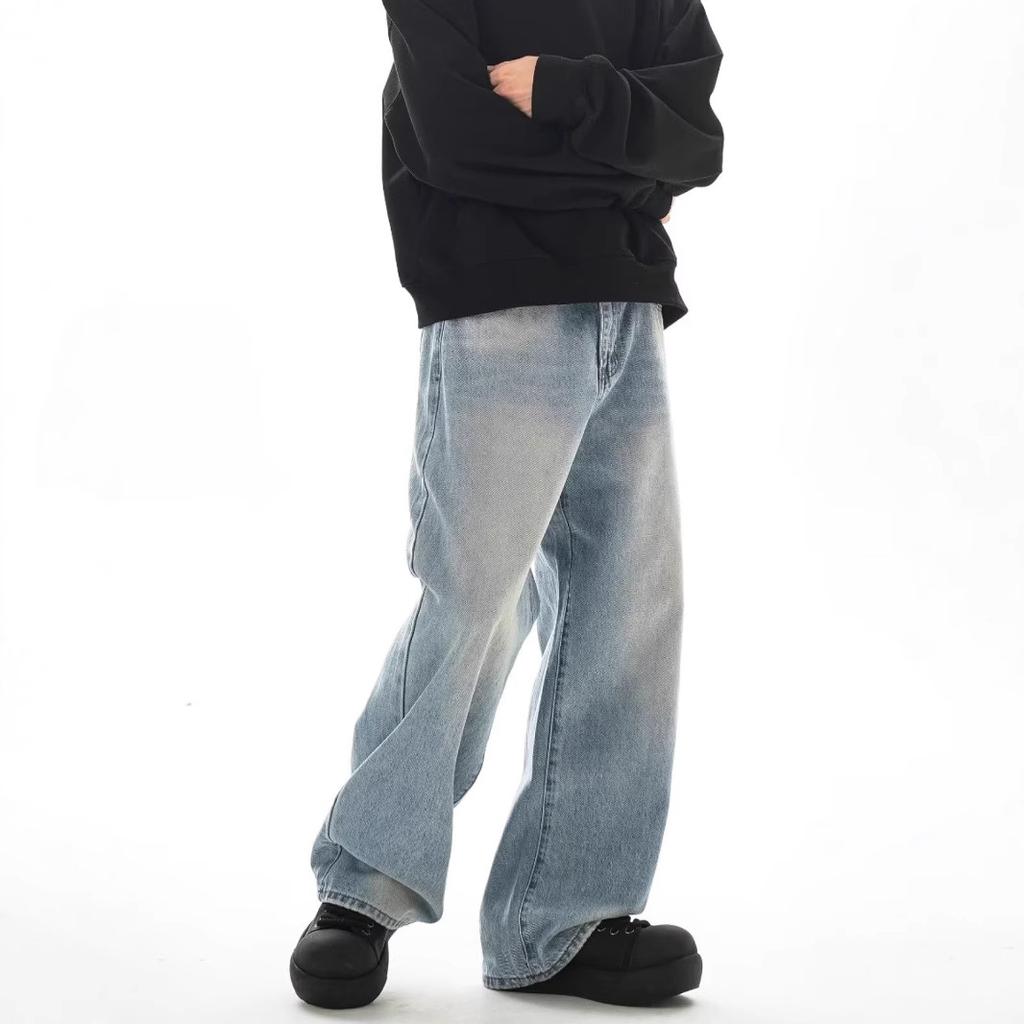 American vibe basic versatile washed light-colored wide-leg jeans men's retro ins loose straight casual trousers