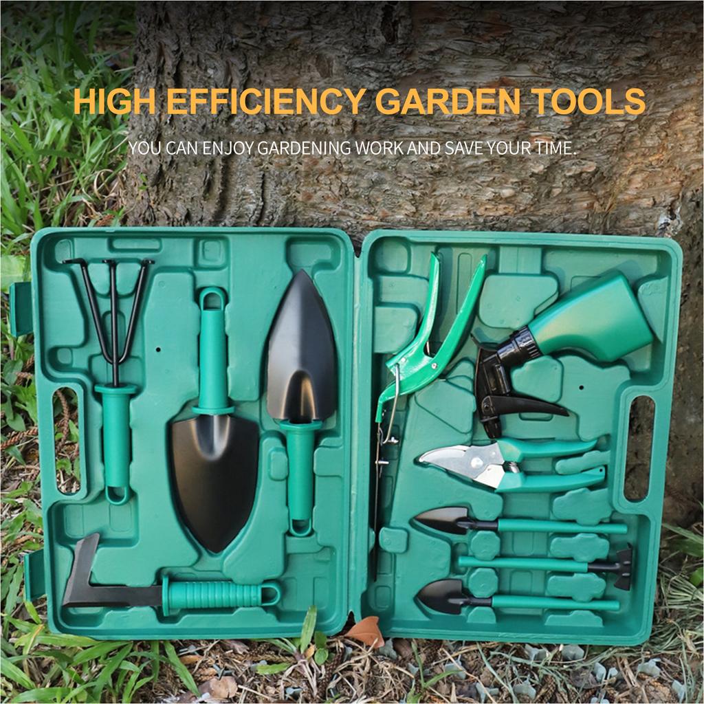 10PCS Garden Tools Set with Storage Case Gardening Tool Kit Shovels Trowel Transplanter Hand Rake Garden Sprayer Weeder