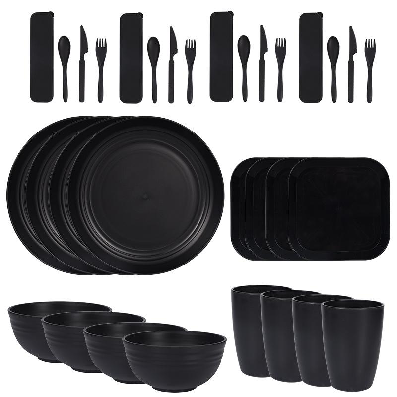 28pcs Wheat Straw Cutlery Set Tableware Unbreakable Kitchen Cutlery Dishes Eating Dinnerware Camping чёрный