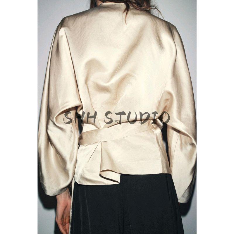 Autumn New Women's Clothing Minimalist Style Linen Blend V Neck Long Sleeves Double Breasted Bowknot Decoration Shirt 8275030