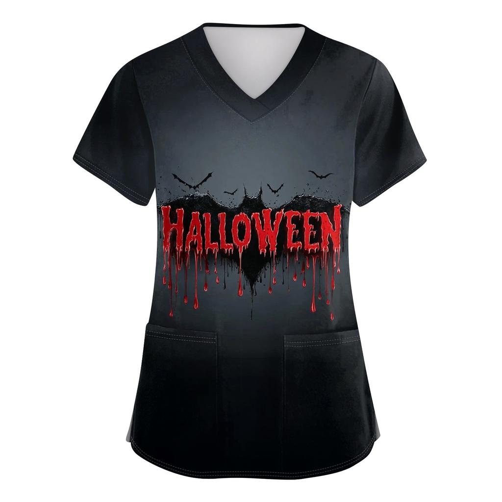 Women's V-neck Halloween Printed Short-sleeved Pocket Side-slit Protective Suit Top