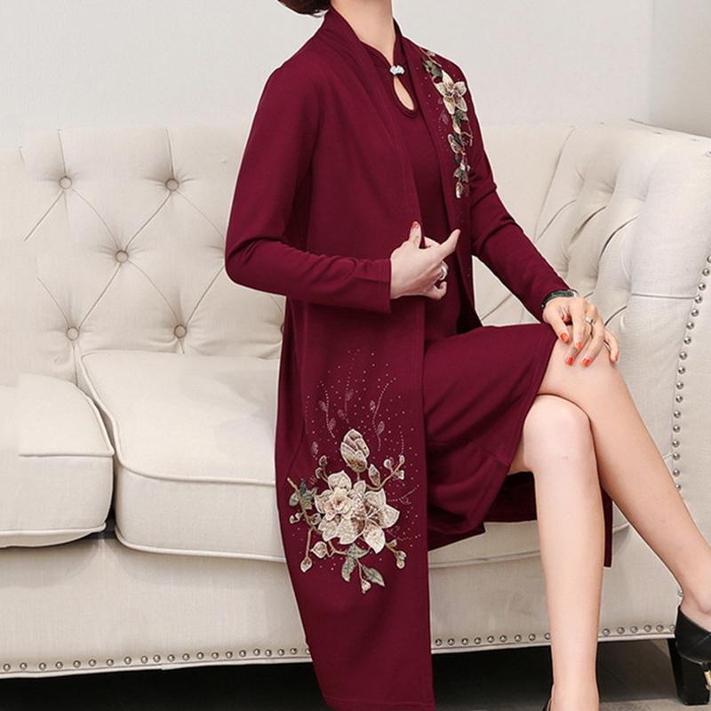 Embroidered Women's Dress Set Spring Autumn Collection Fashionable Mom Dress Jacket