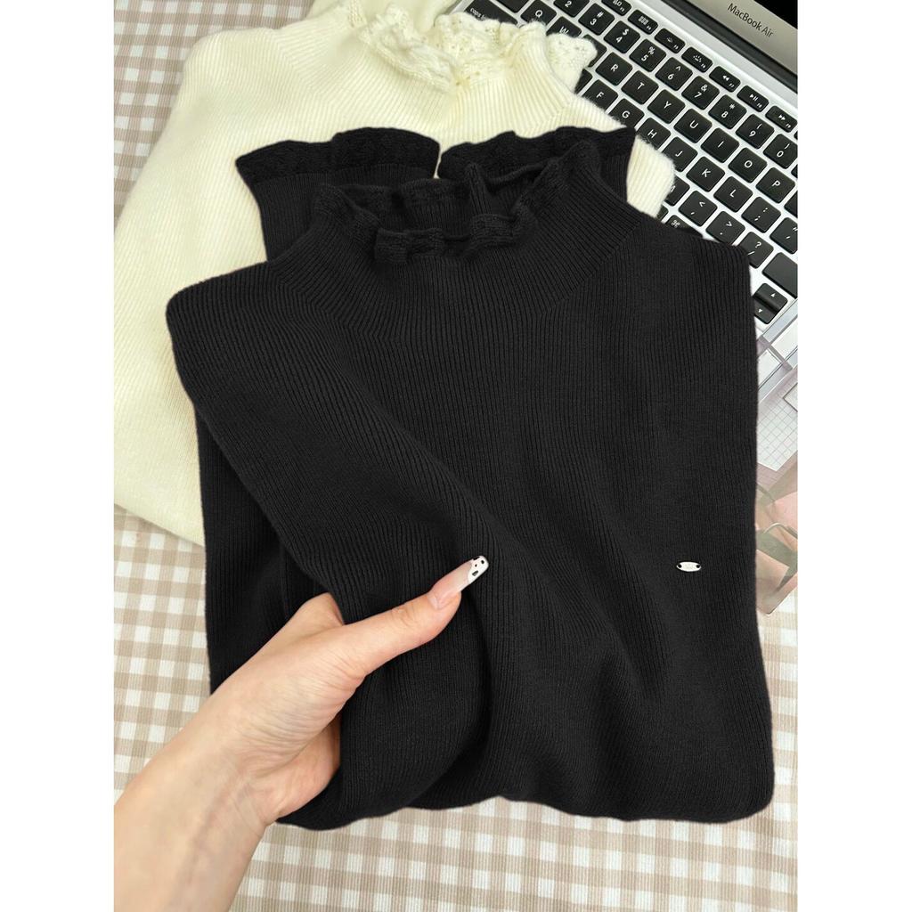 French lace semi-turtleneck knitted bottoming shirt women's autumn and winter long-sleeved top soft waxy casual basic sweater