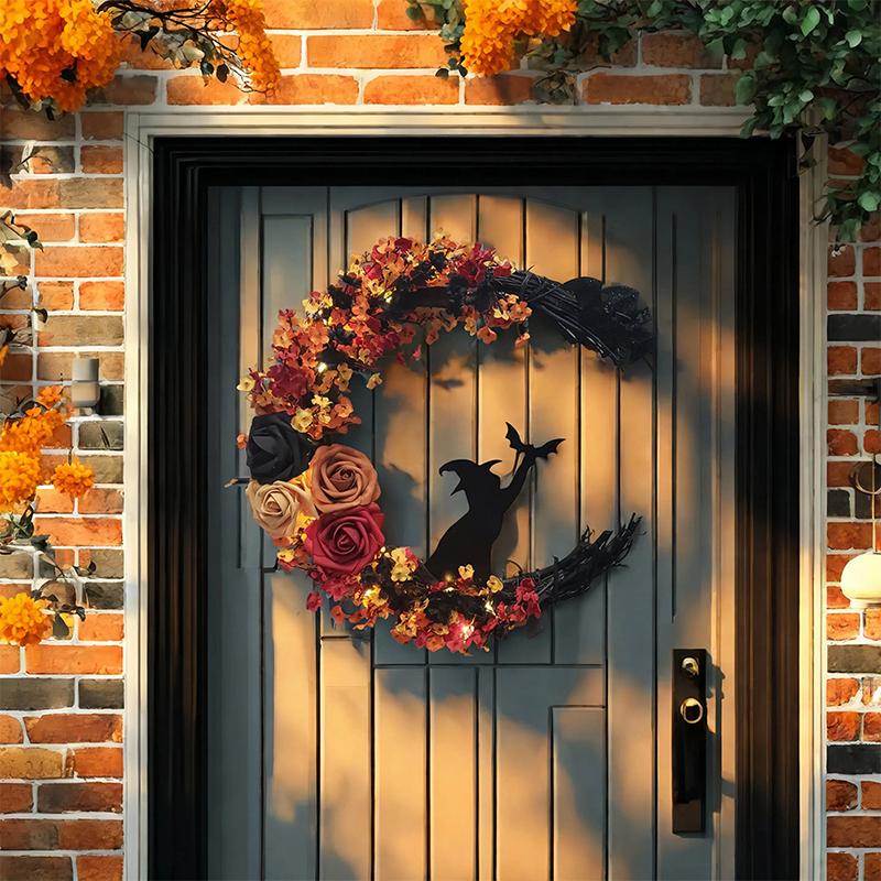 Halloween Gothic Wreath Decor Artificial Moon Cat Garland Handmade Moon Cat Halloween Door Hanging Decor Halloween Decor Supplie