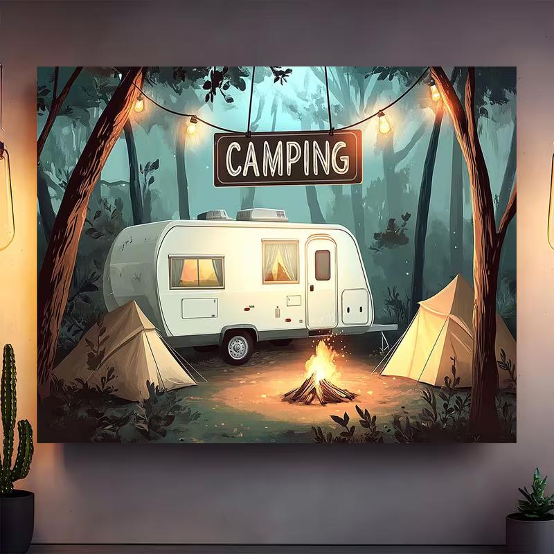2D Summer Camp Backdrop, Retro RV Camper & String Lights Party Banner