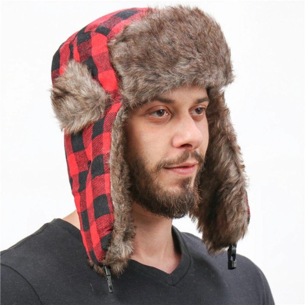 Plaid Trapper Hats   Bomber Fur Hats for  Skiing Snowboarding Skating