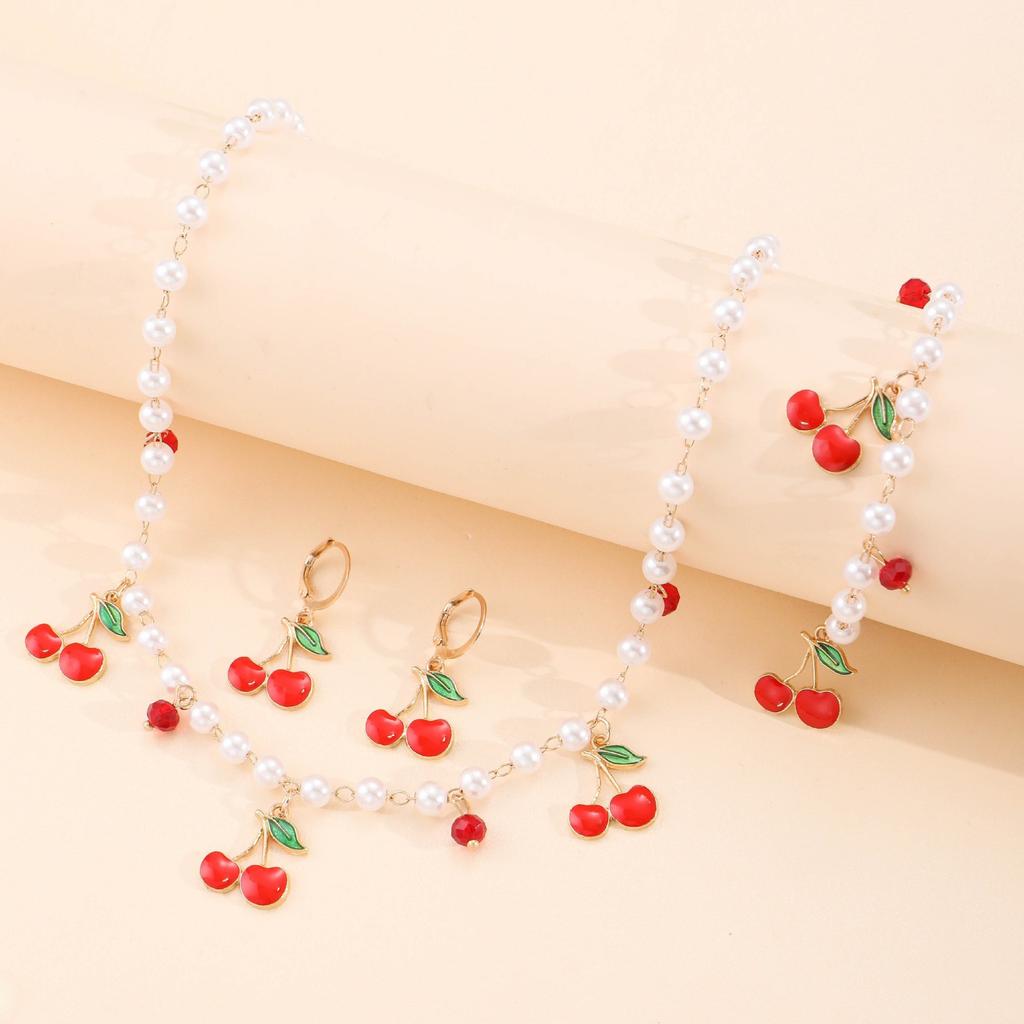 Sweet Cherry Necklace And Earring Set For Women Cute Fruit Jewelry Summer Accessories