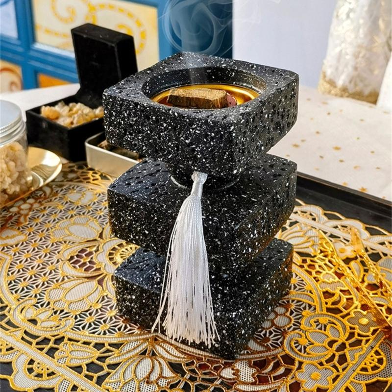 Vintages Resins Incenses Burners Base, Square Layer Tassels Antique Home Decoration Art for Study Room Living Room Home Office