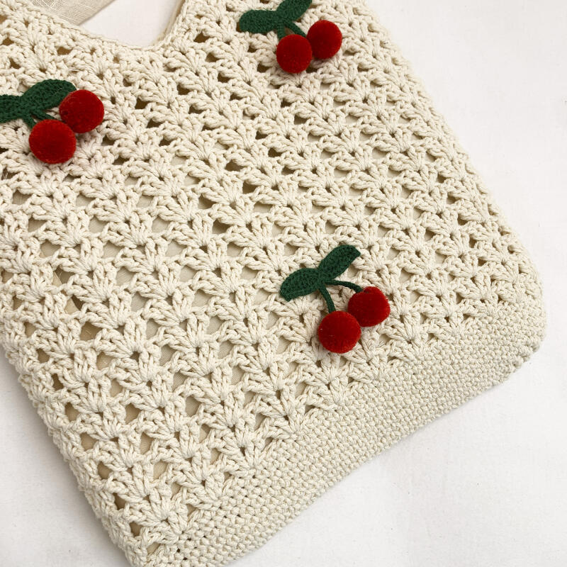 Charming Crochet Tote Bag with Cherry Embellishments – Handmade Summer Beach Bag for Women