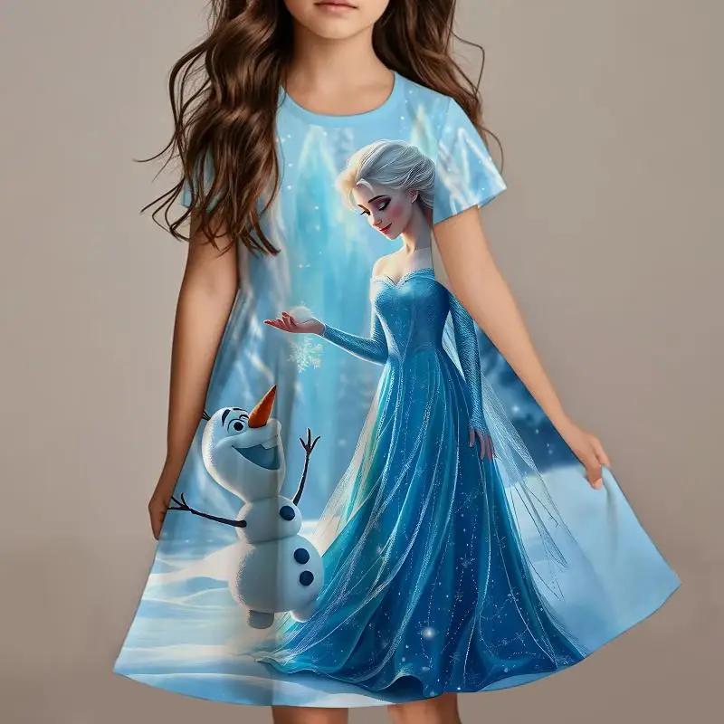 Disney Frozen Princess Elsa Girls Summer Dress Anime Kids Dresses Clothes Skirt Fashion Casual Outfit