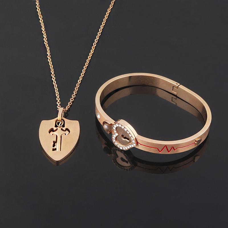 Couple Stainless Steel Bracelet Love Heart Lock Key Pendant Necklace For Women Men Valentine Gift Jewelry
