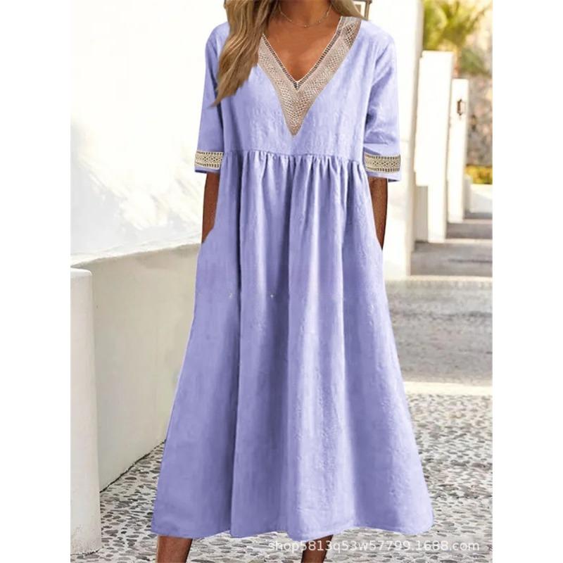 VEZFAA Kadın Modası Yaz Bahar Kısa Kollu V Yaka Bol Bel Günlük Elbiseler