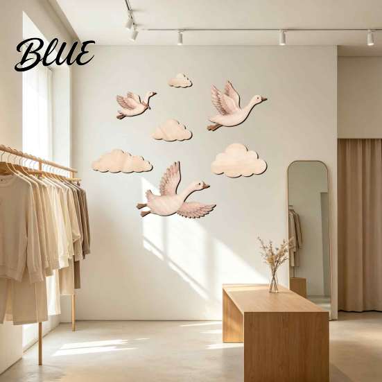 Handmade Poplar Wood Wall Hanging 7Pcs/Set Wooden Flying Goose and Cloud Art Decor for Nursery, Self-Adhesive Bohemian Boho Kids Bedroom Decoration