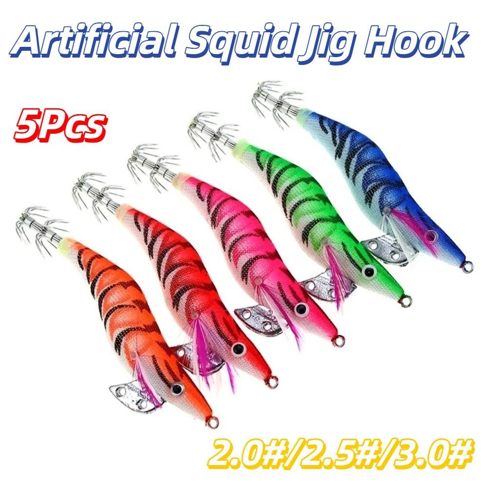 5Pcs 3D Eyes Luminous Squid Fishing Lure Durable Artificial Squid Jig Hook  Saltwater Fishing