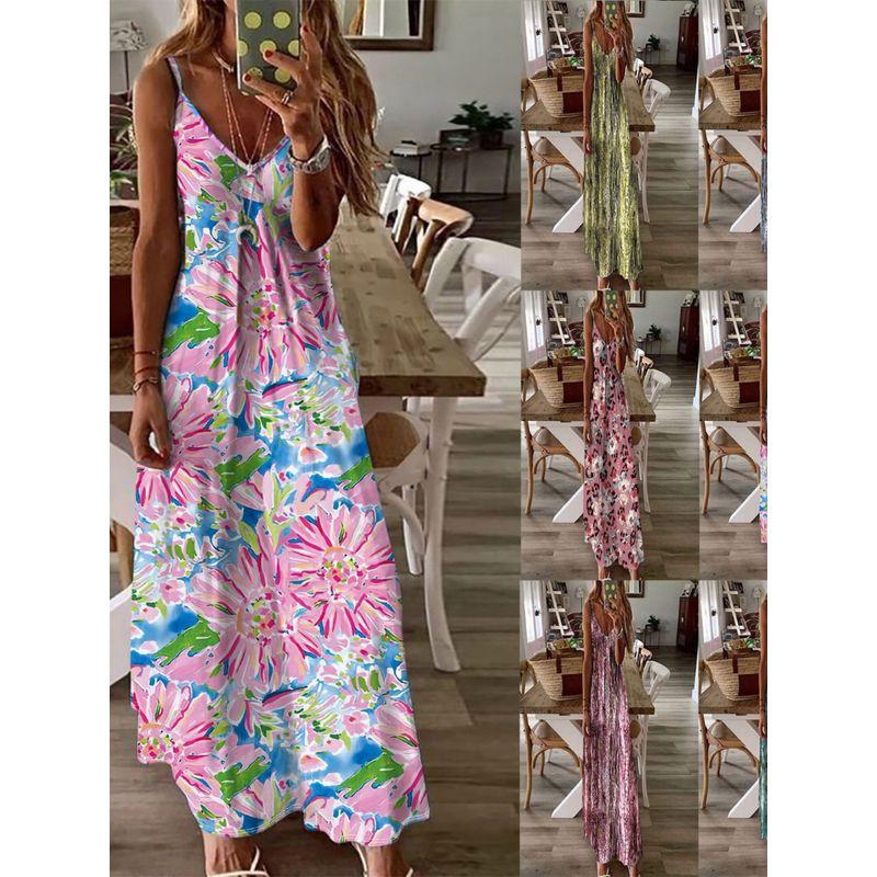 Europe and America Cross Border Export Summer Tide Sexy Women's Sling Vest Dress Print Sleeveless Long Dress Tall Slim Loose Slim Fit