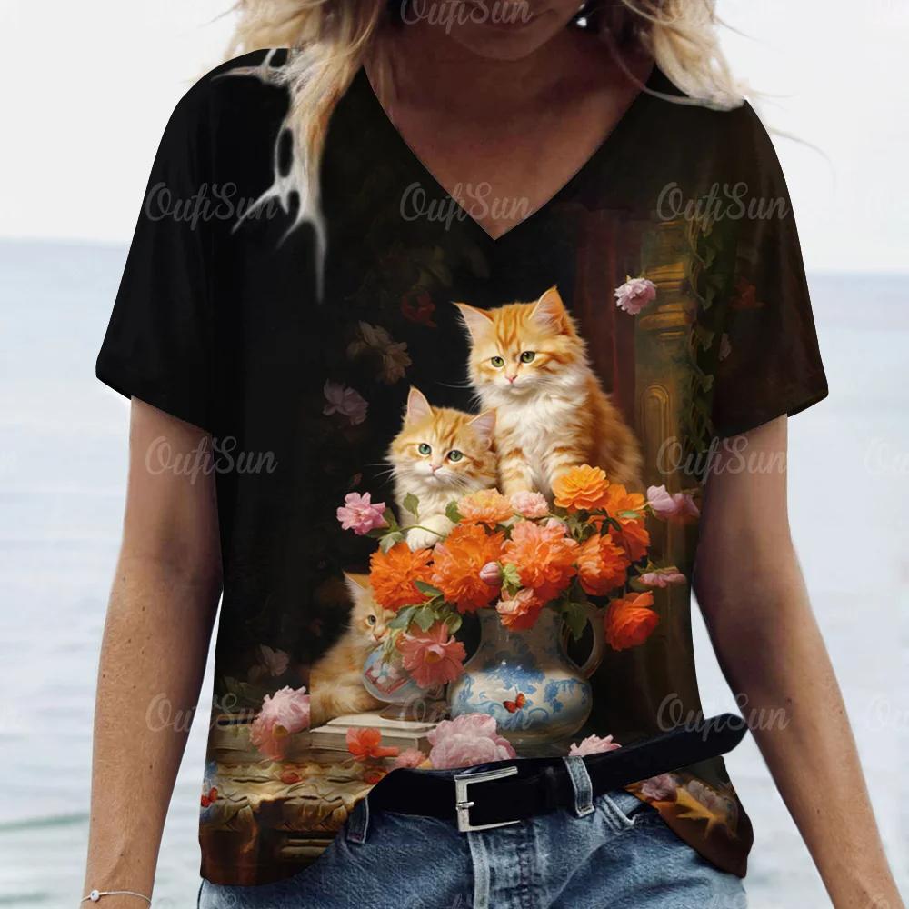Summer Women Cute Cat T-shirt Fashion Trend V-Neck Tops Tees Female Casual Stylish Short Sleeve Clothing Ladies Vintage Outfit