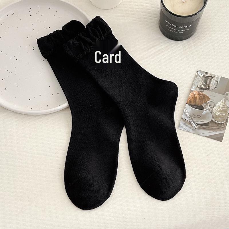 Bow Lace Miu Cartoon Off-White Mid-Calf Socks with Wood Ear Trim - Autumn Trendy Accessories