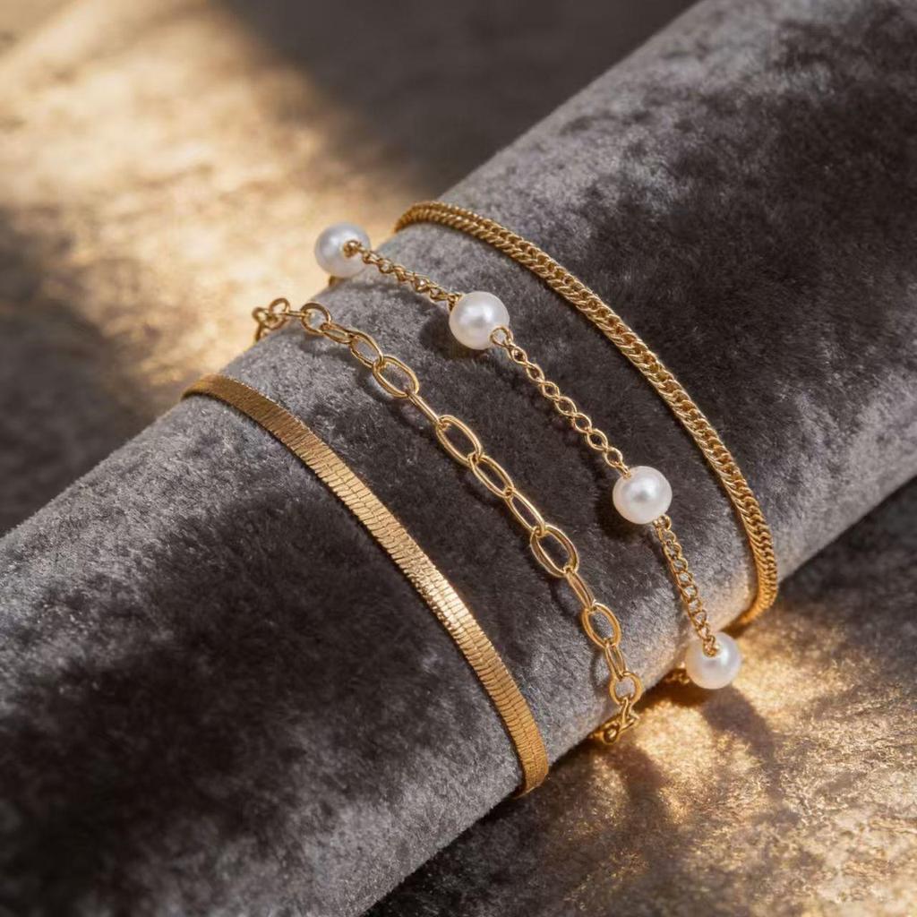 European and American Multi-Layer Beaded Fashion Bracelet Set with Imitation Pearls