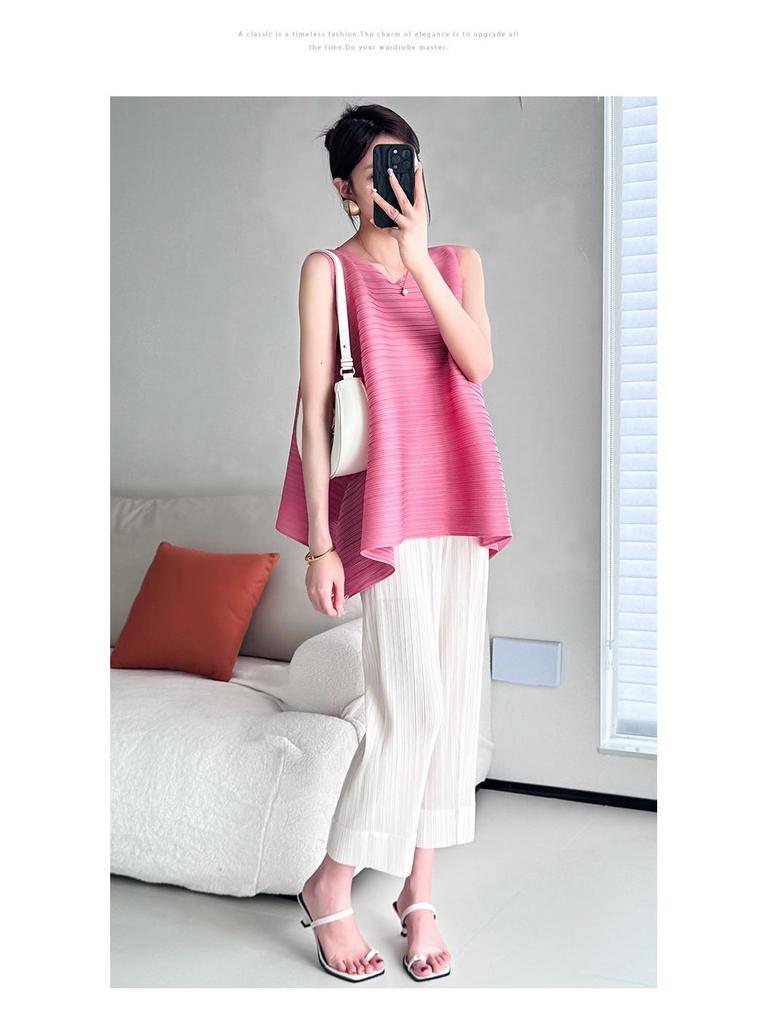 Miyake Damen Ärmelloses Oberteil mit unregelmäßiger Plissierung - Sommerkollektion 2024, Locker in Übergröße mit Rundhalsausschnitt