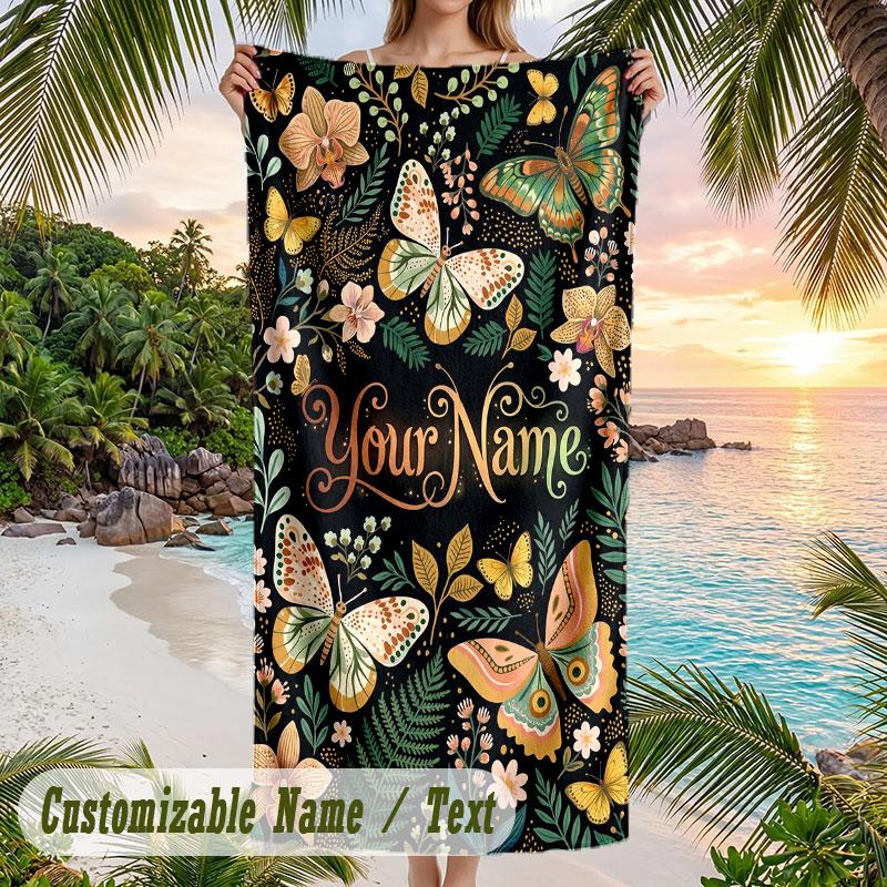 Butterflies Floral Elegance 4 Theme Quick Dry Beach Towel Custom Name Text Print Large Sand Resistant Towel Beach Vacation