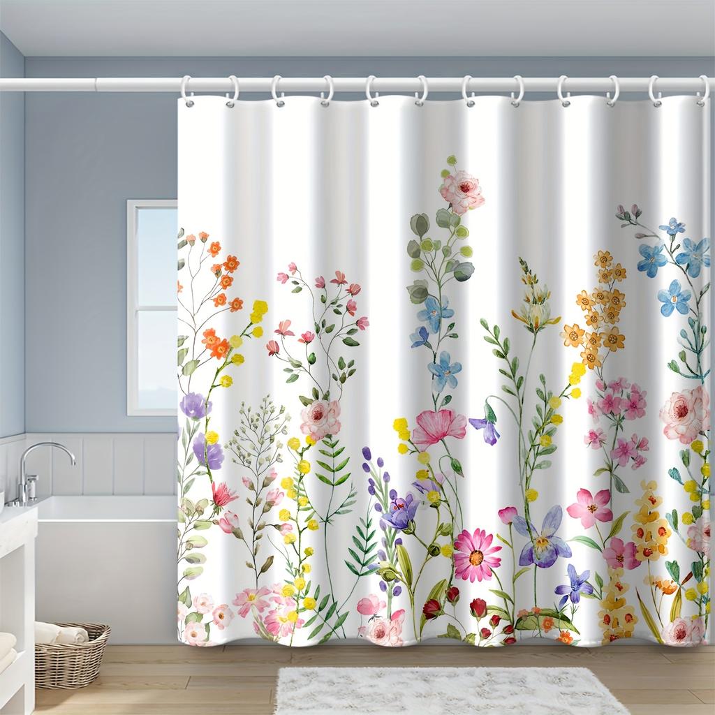 1Pc 180X180Cm Water-Resistant Floral Shower Curtain - Polyester, 12 Hooks, All-Season, Machine Washable, Flower Pattern