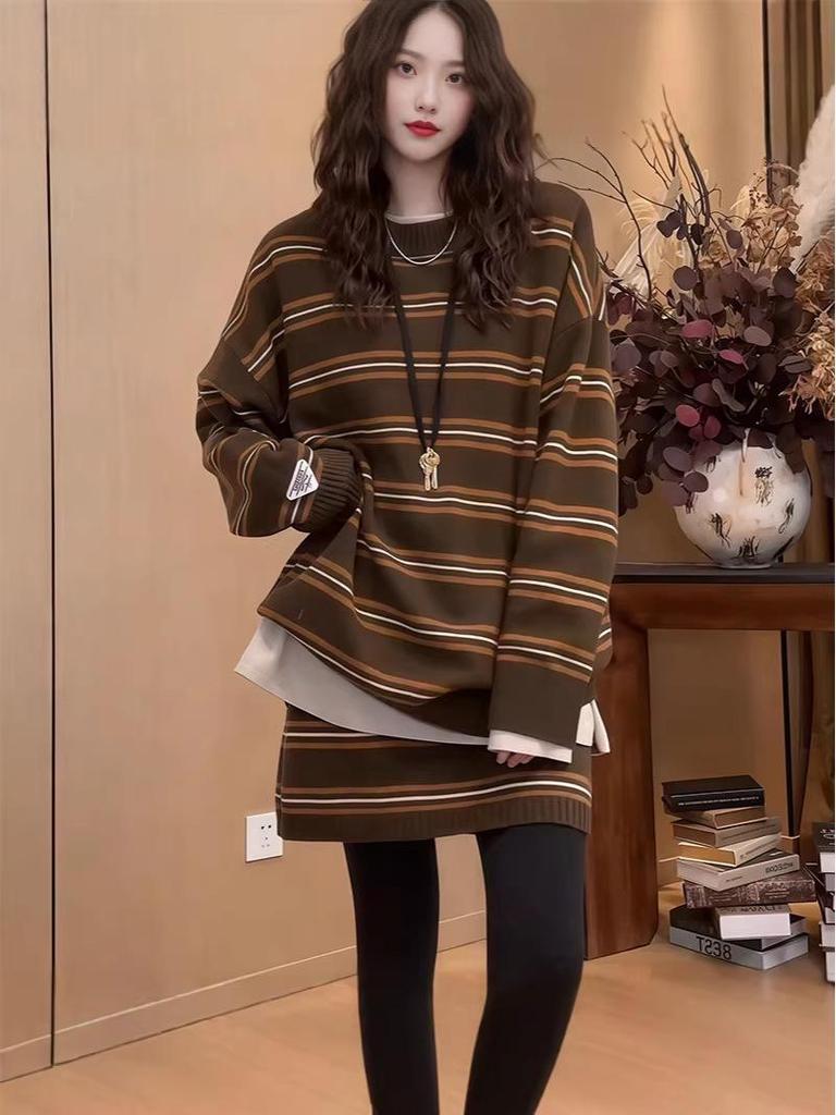 2026 Women's Striped Knit Sweater & Skirt Set - Age-Defying, Versatile, Warm Two-Piece for Fall/Winter