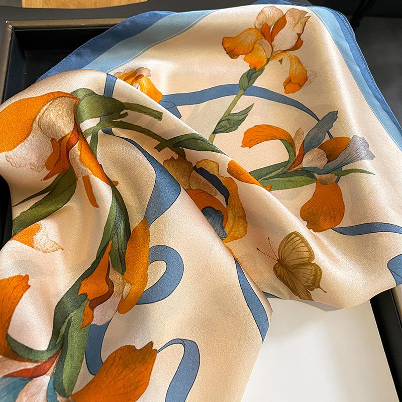53Cm Women 100% Silk Scarf Nature Foulard Female Floral Neckerchief Bandana High Quality Small Scarves For Hairbands