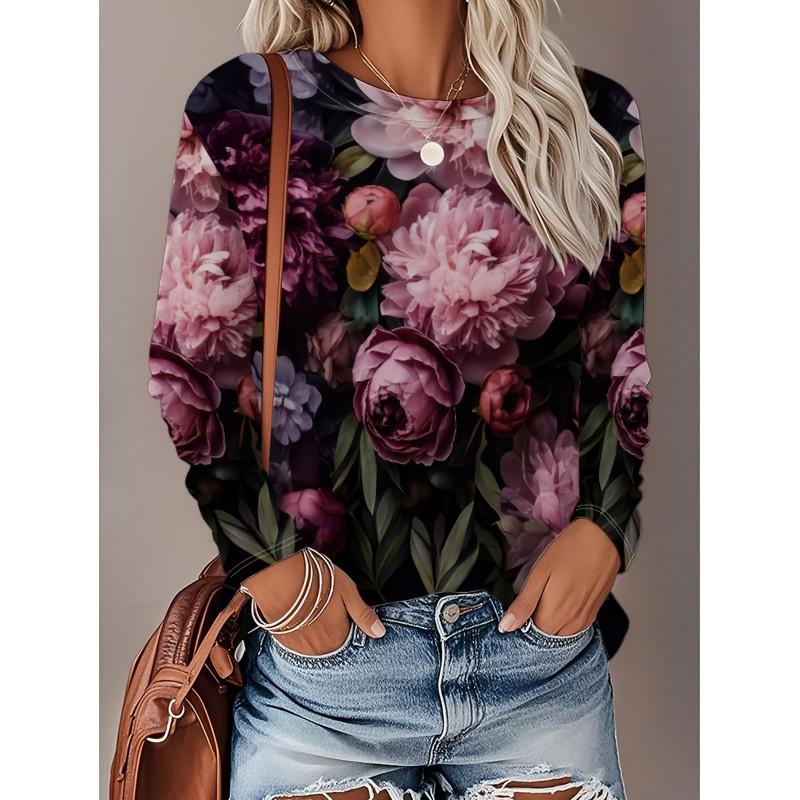 Womens Loose Fit Long Sleeve Round Neck Tee With 3D Peacock Cat Print - Milk Silk Fabric 2025 Casual Top